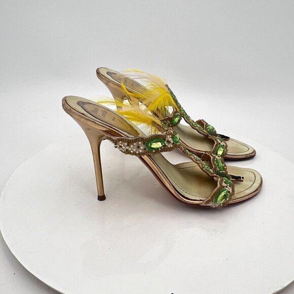 Rene Caovilla Women Size EU 35.5 US 5.5 Yellow Multicolor Rhinestone Heel Sandal - Picture 4 of 13